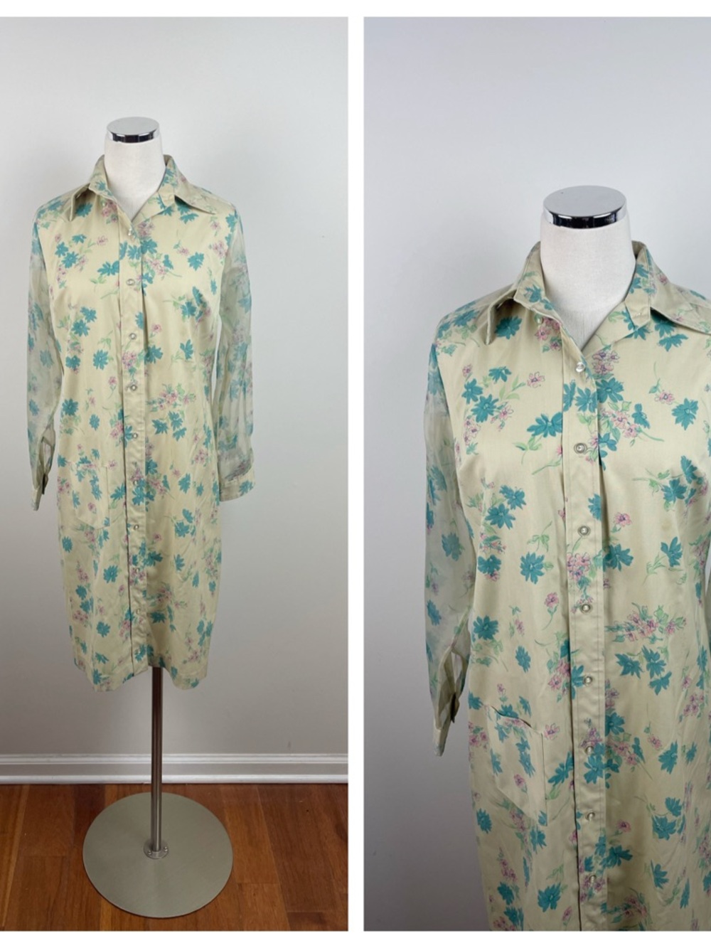 Cobbies By Cos Cob Vintage Floral Cream Blue Long Sleeve Sheer Dress Women 13/14